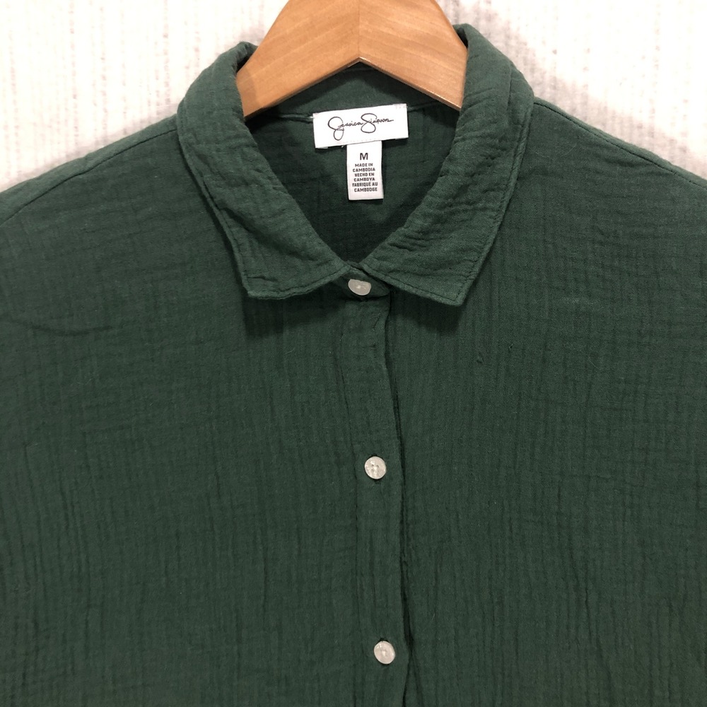 Jessica Simpson Womens Forest Green Cotton Gauze Short Sleeve Button Down M